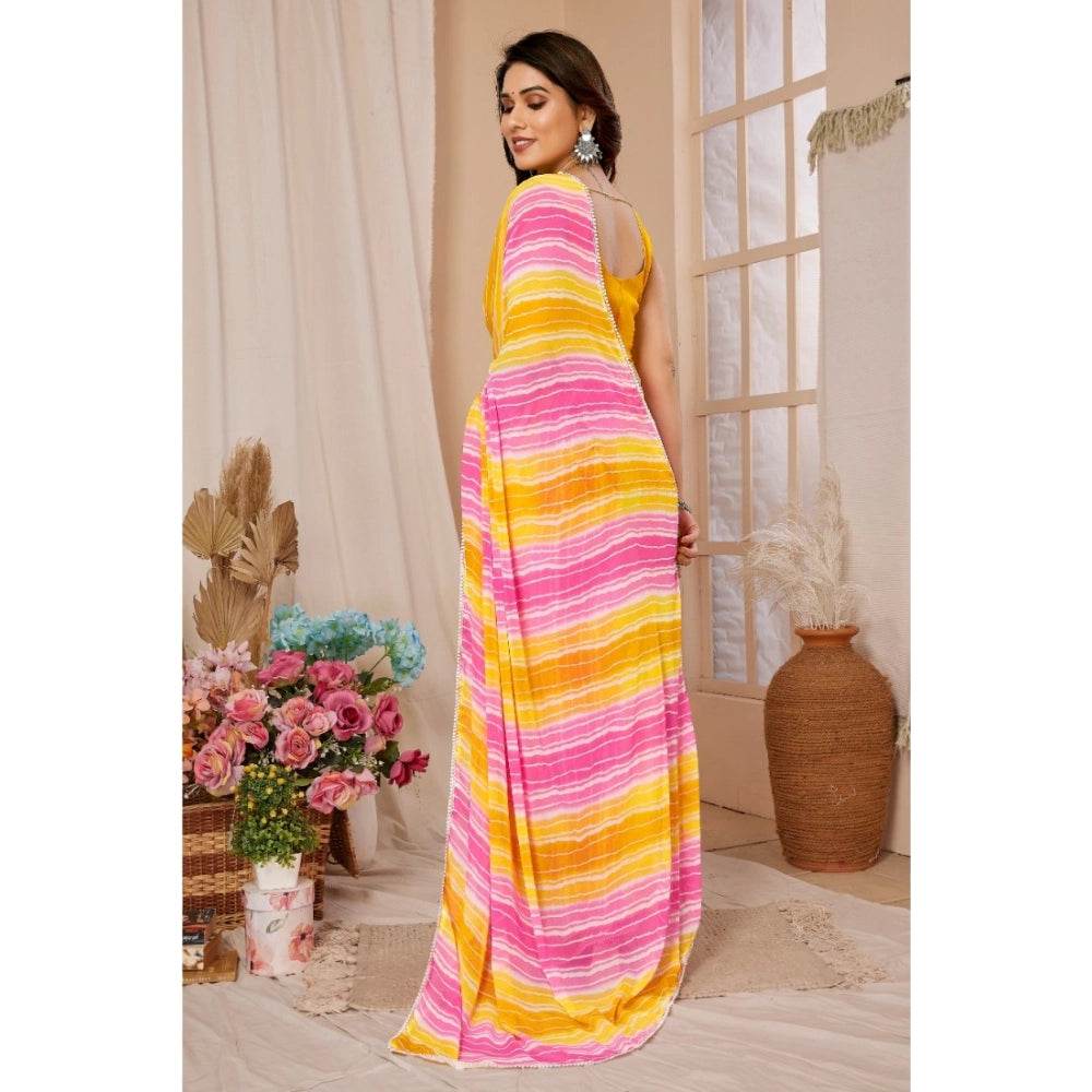 Generic Women's Small Lace Georgette Striped Ready-to-Wear Saree With Unstitched Blouse 5.5 Mtr (Yellow-Pink) - MYLUXURY LANE ENTERPRISE