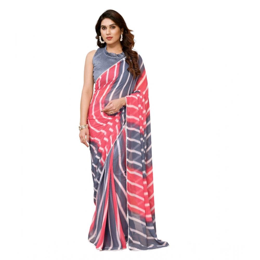 Generic Women's Small Lace Georgette Striped Ready-to-Wear Saree With Unstitched Blouse 5.5 Mtr (Pink) - MYLUXURY LANE ENTERPRISE
