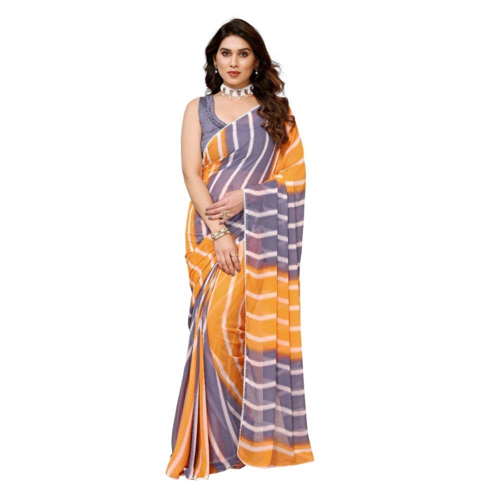 Generic Women's Small Lace Georgette Striped Ready-to-Wear Saree With Unstitched Blouse 5.5 Mtr (Orange-Grey) - MYLUXURY LANE ENTERPRISE