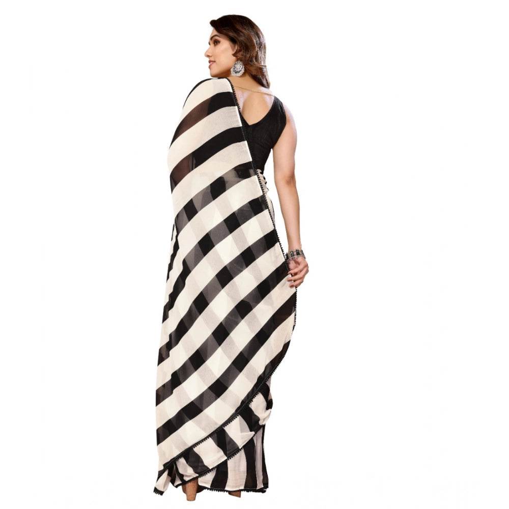 Generic Women's Small Lace Georgette Striped Ready-to-Wear Saree With Unstitched Blouse 5.5 Mtr (Black-White) - MYLUXURY LANE ENTERPRISE
