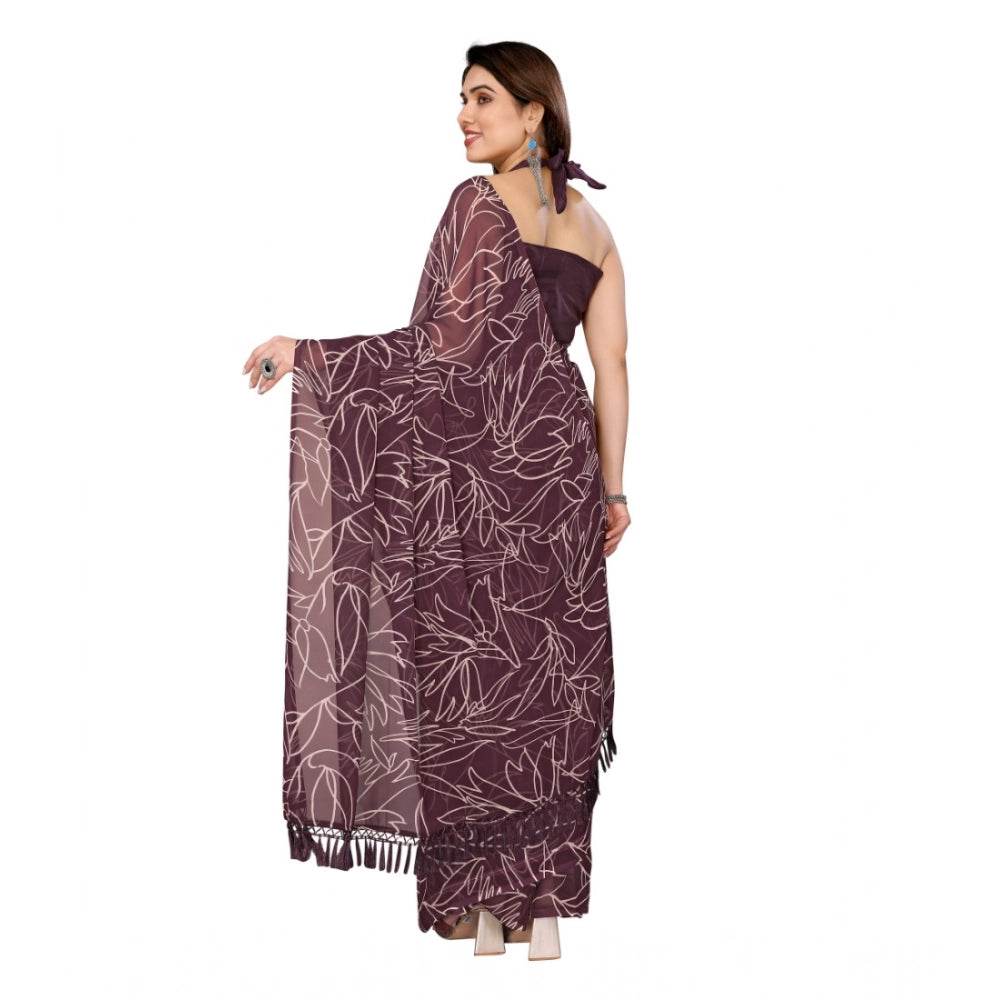 Generic Women's Zalar Lace Georgette Printed Ready-to-Wear Saree With Unstitched Blouse 5.5 Mtr (Wine) - MYLUXURY LANE ENTERPRISE