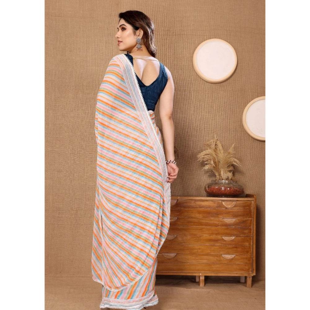 Generic Women's Small Lace Georgette Striped Ready-to-Wear Saree With Unstitched Blouse 5.5 Mtr (Orange) - MYLUXURY LANE ENTERPRISE
