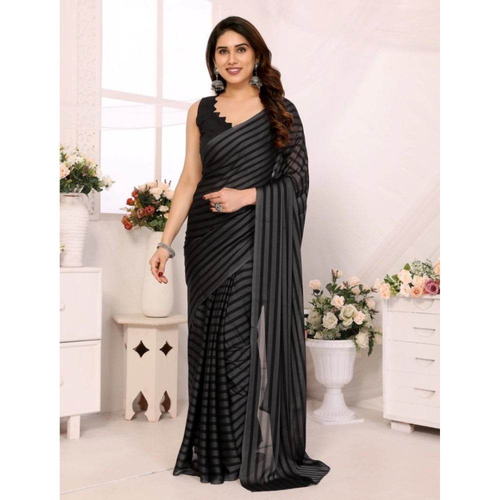 Generic Women's Black Berry Striped Ready-to-Wear Saree With Unstitched Blouse 5.5 Mtr (Grey-Black) - MYLUXURY LANE ENTERPRISE