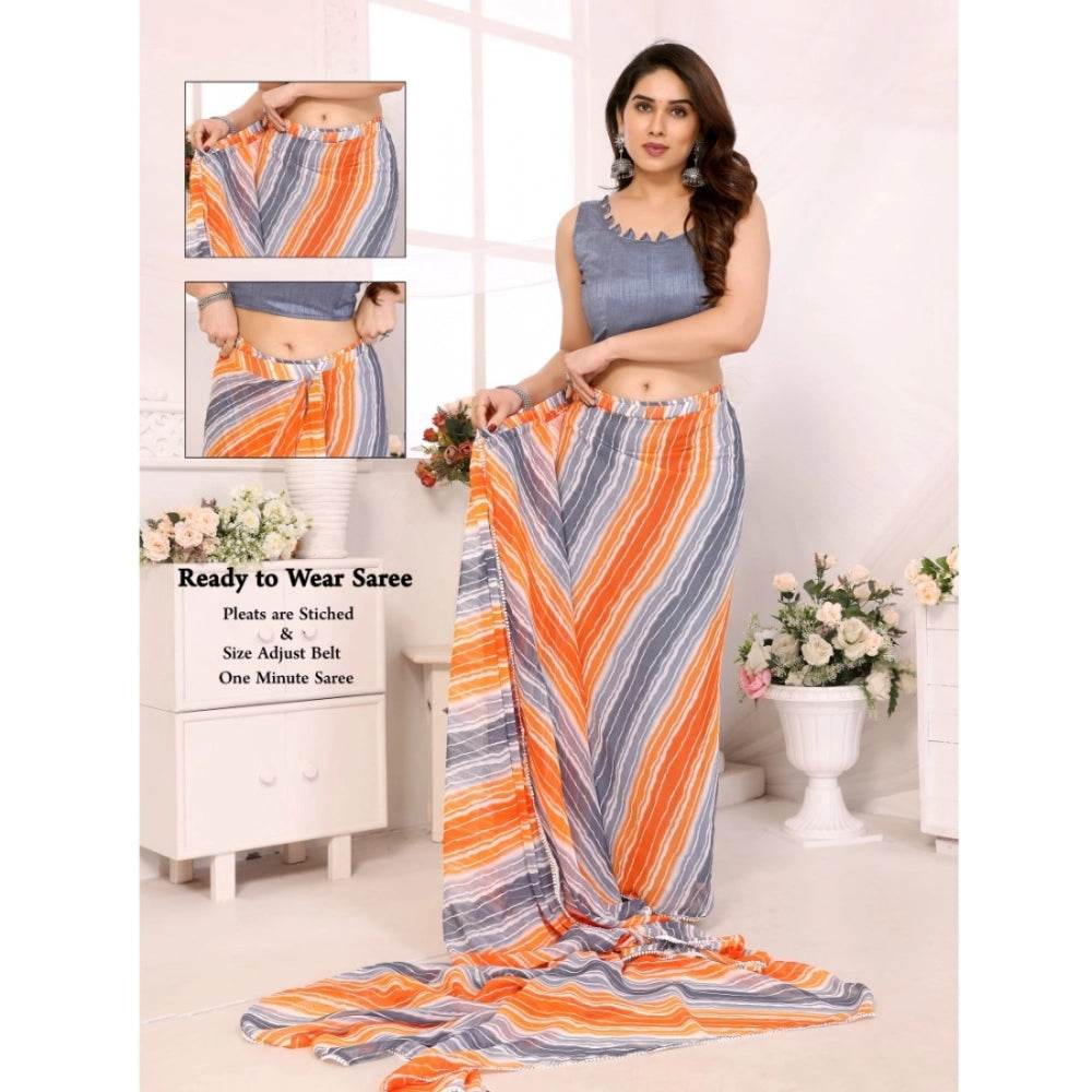 Generic Women's Small Lace Georgette Striped Ready-to-Wear Saree With Unstitched Blouse 5.5 Mtr (Grey) - MYLUXURY LANE ENTERPRISE