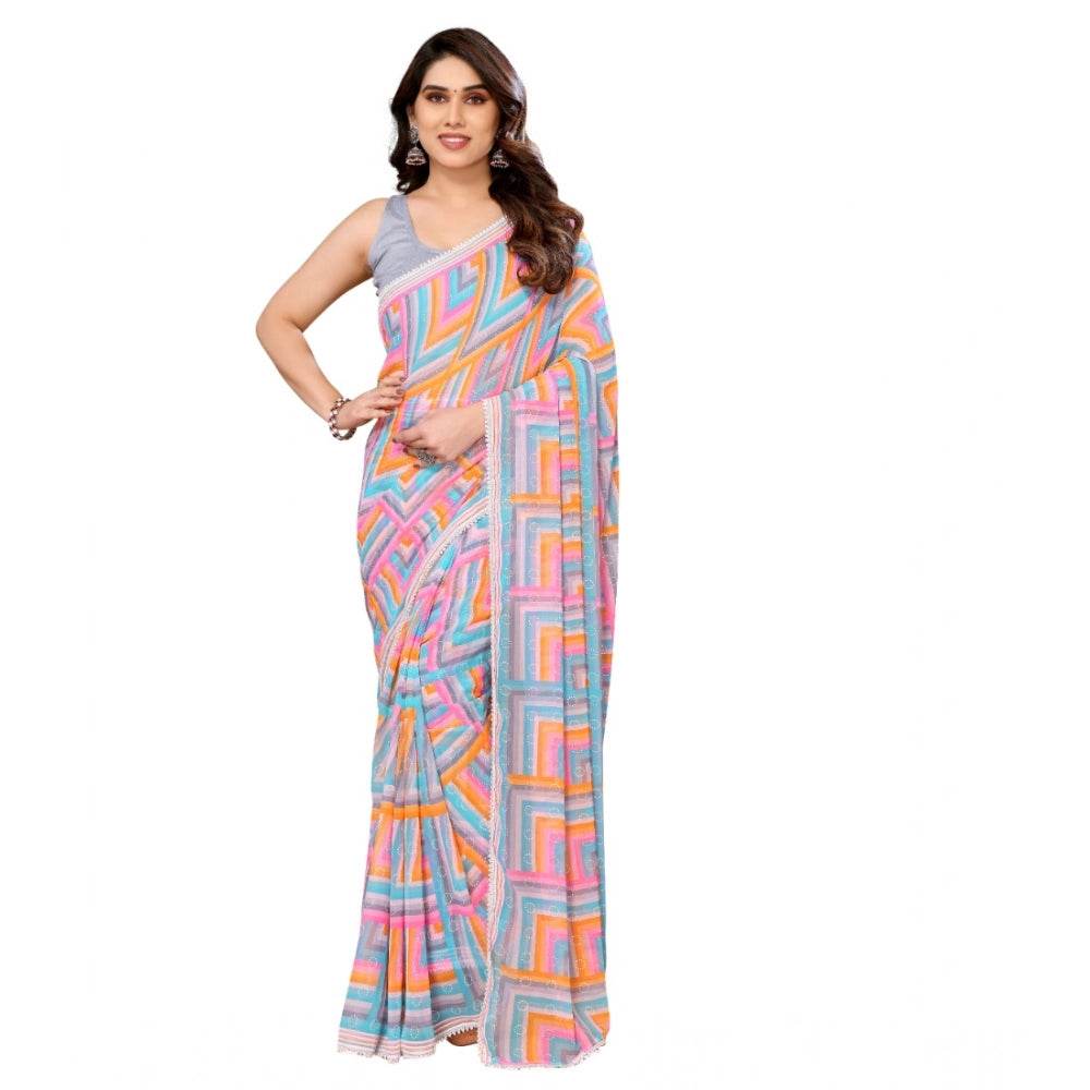 Generic Women's Small Lace Georgette Printed Ready-to-Wear Saree With Unstitched Blouse 5.5 Mtr (Grey) - MYLUXURY LANE ENTERPRISE