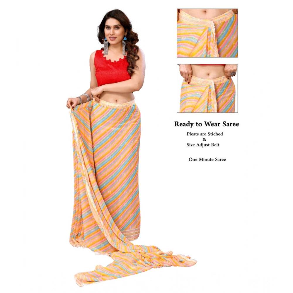 Generic Women's Small Lace Georgette Striped Ready-to-Wear Saree With Unstitched Blouse 5.5 Mtr (Yellow) - MYLUXURY LANE ENTERPRISE