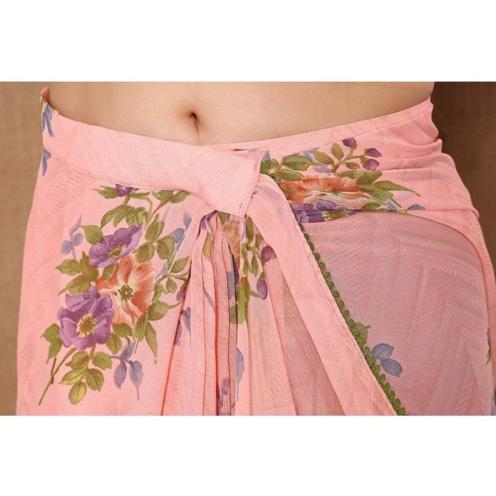 Generic Women's Small Lace Georgette Printed Ready-to-Wear Saree With Unstitched Blouse 5.5 Mtr (Peach) - MYLUXURY LANE ENTERPRISE