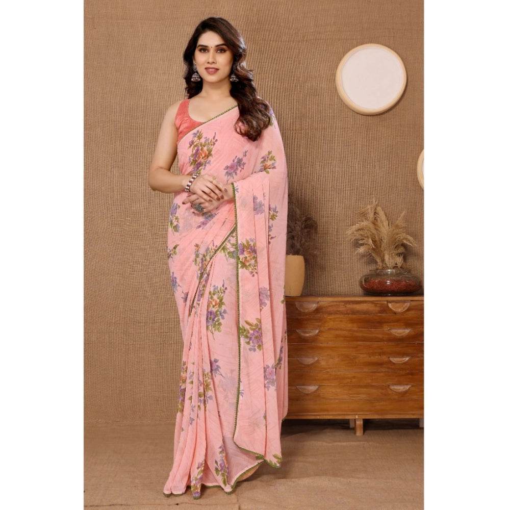 Generic Women's Small Lace Georgette Printed Ready-to-Wear Saree With Unstitched Blouse 5.5 Mtr (Peach) - MYLUXURY LANE ENTERPRISE