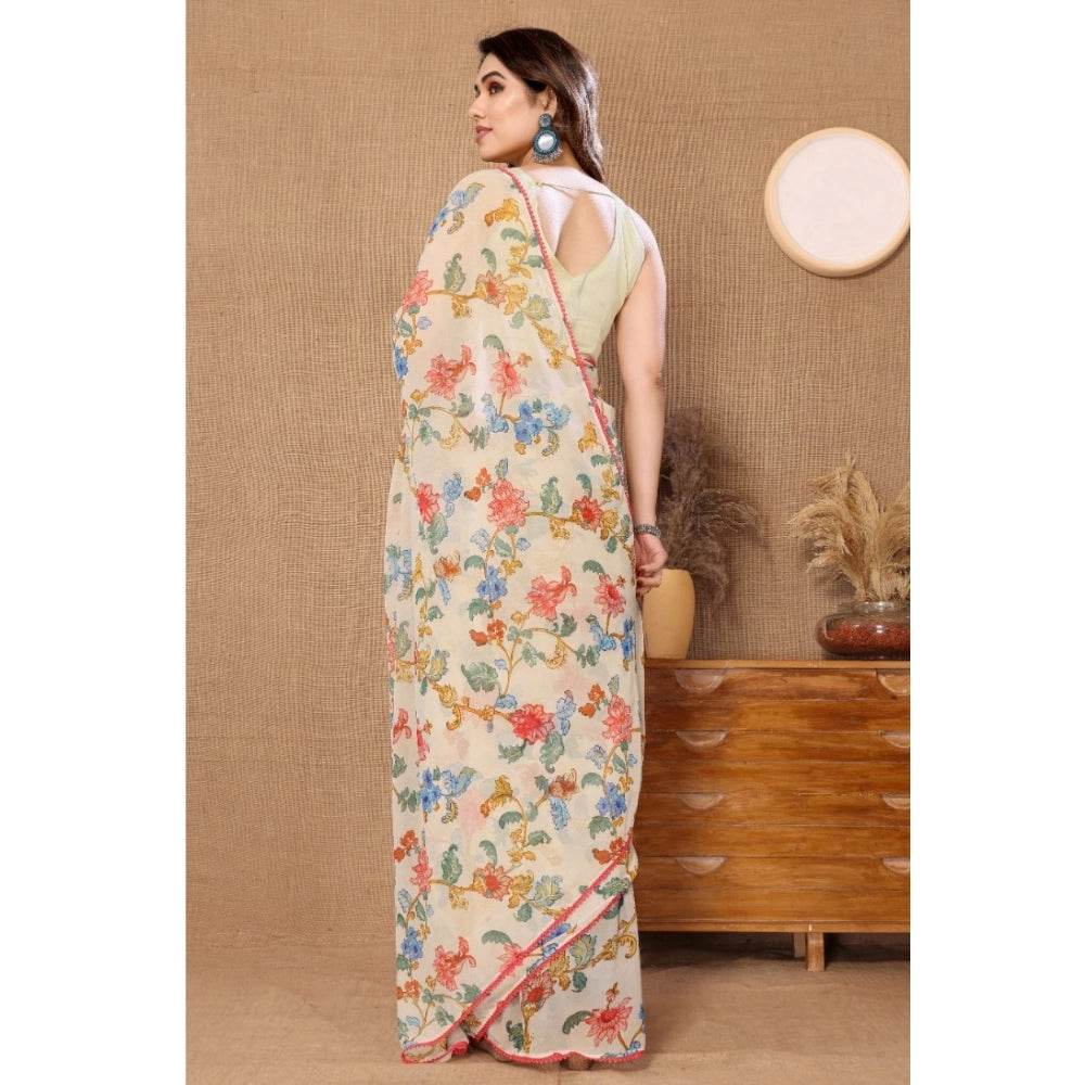 Generic Women's Small Lace Georgette Printed Ready-to-Wear Saree With Unstitched Blouse 5.5 Mtr (Off White) - MYLUXURY LANE ENTERPRISE