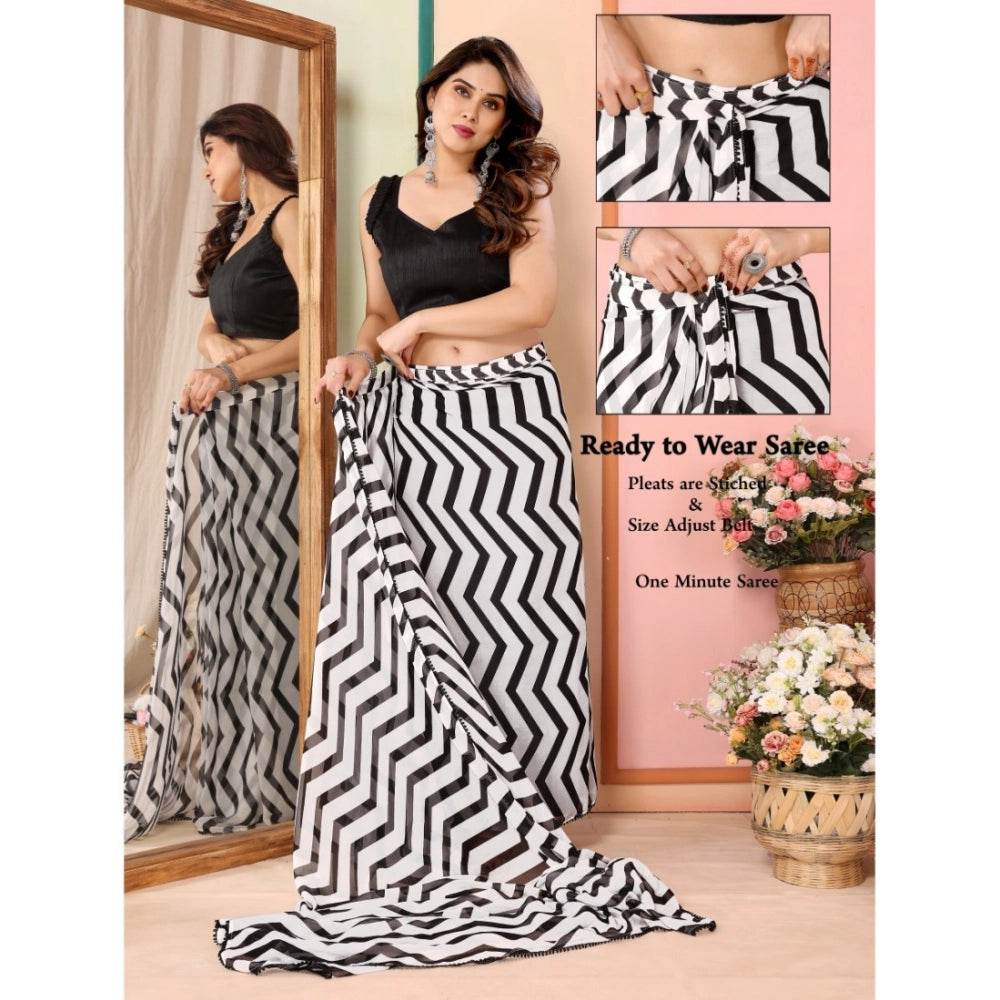 Generic Women's Small Lace Georgette Striped Ready-to-Wear Saree With Unstitched Blouse 5.5 Mtr (Black) - MYLUXURY LANE ENTERPRISE