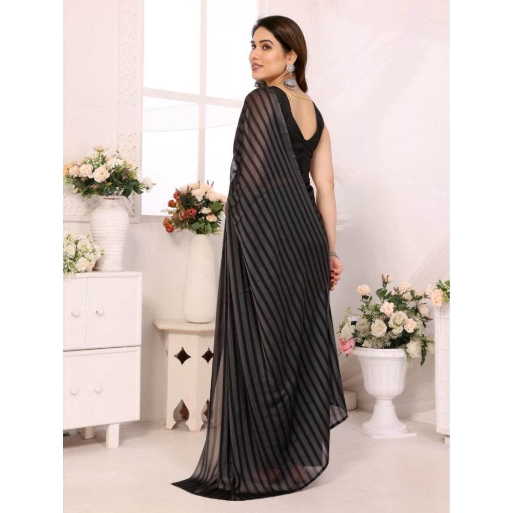 Generic Women's Black Berry Striped Ready-to-Wear Saree With Unstitched Blouse 5.5 Mtr (Grey-Black) - MYLUXURY LANE ENTERPRISE