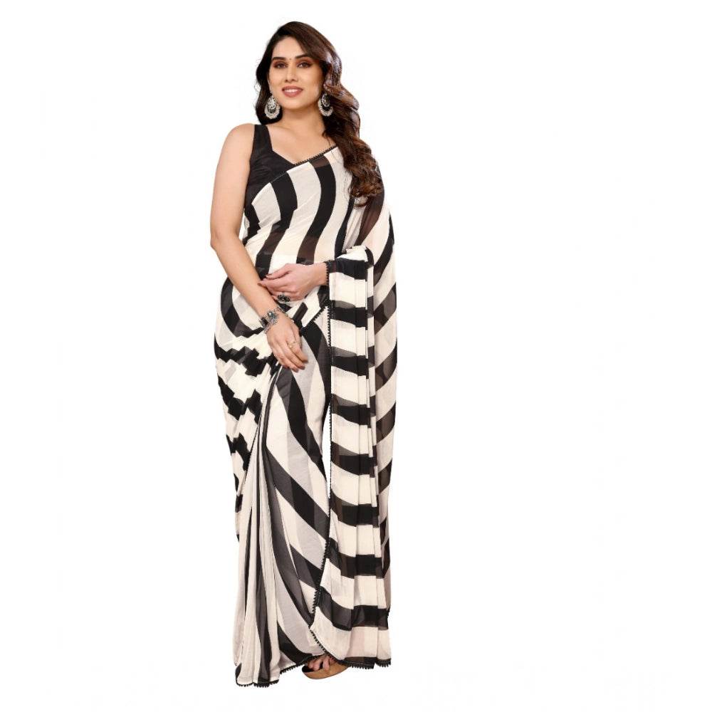 Generic Women's Small Lace Georgette Striped Ready-to-Wear Saree With Unstitched Blouse 5.5 Mtr (Black-White) - MYLUXURY LANE ENTERPRISE