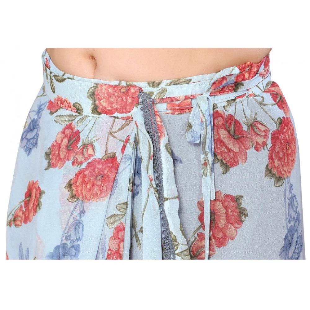 Generic Women's Small Lace Georgette Printed Ready-to-Wear Saree With Unstitched Blouse 5.5 Mtr (Sky Blue) - MYLUXURY LANE ENTERPRISE