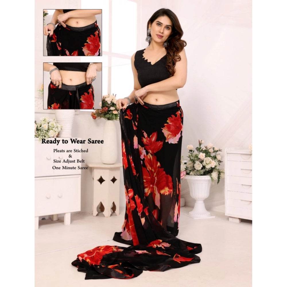 Generic Women's Small Lace Georgette Printed Ready-to-Wear Saree With Unstitched Blouse 5.5 Mtr (Black-Red) - MYLUXURY LANE ENTERPRISE