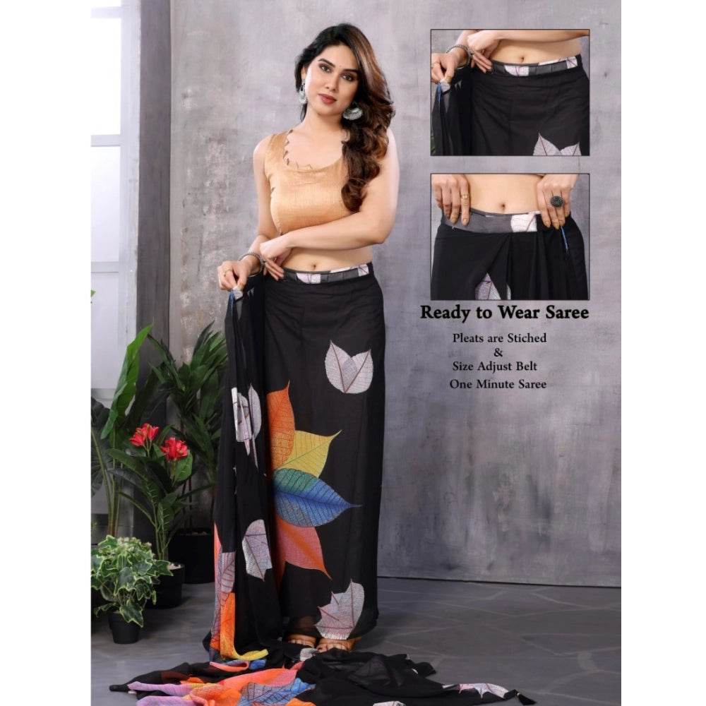 Generic Women's Small Lace Georgette Printed Ready-to-Wear Saree With Unstitched Blouse 5.5 Mtr (Black) - MYLUXURY LANE ENTERPRISE