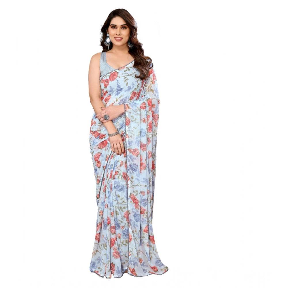 Generic Women's Small Lace Georgette Printed Ready-to-Wear Saree With Unstitched Blouse 5.5 Mtr (Sky Blue) - MYLUXURY LANE ENTERPRISE