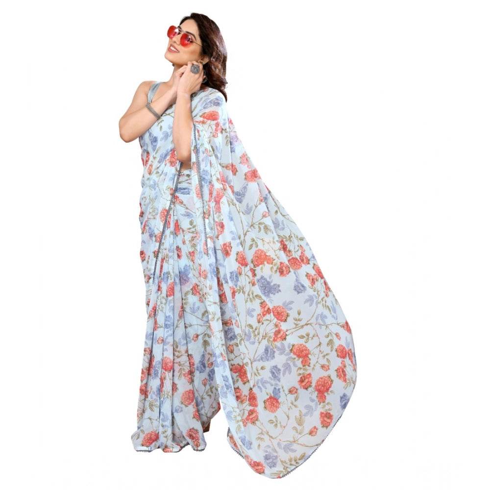 Generic Women's Small Lace Georgette Printed Ready-to-Wear Saree With Unstitched Blouse 5.5 Mtr (Sky Blue) - MYLUXURY LANE ENTERPRISE