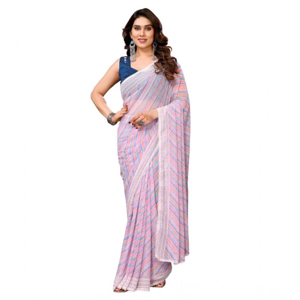 Generic Women's Small Lace Georgette Striped Ready-to-Wear Saree With Unstitched Blouse 5.5 Mtr (Purple) - MYLUXURY LANE ENTERPRISE