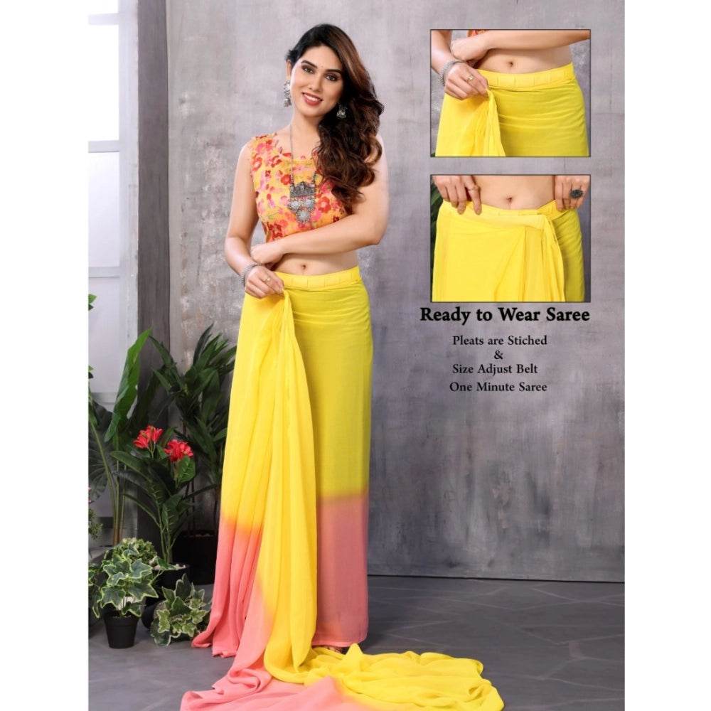 Generic Women's Small Lace Georgette Solid Ready-to-Wear Saree With Unstitched Blouse 5.5 Mtr (Pink-Yellow) - MYLUXURY LANE ENTERPRISE