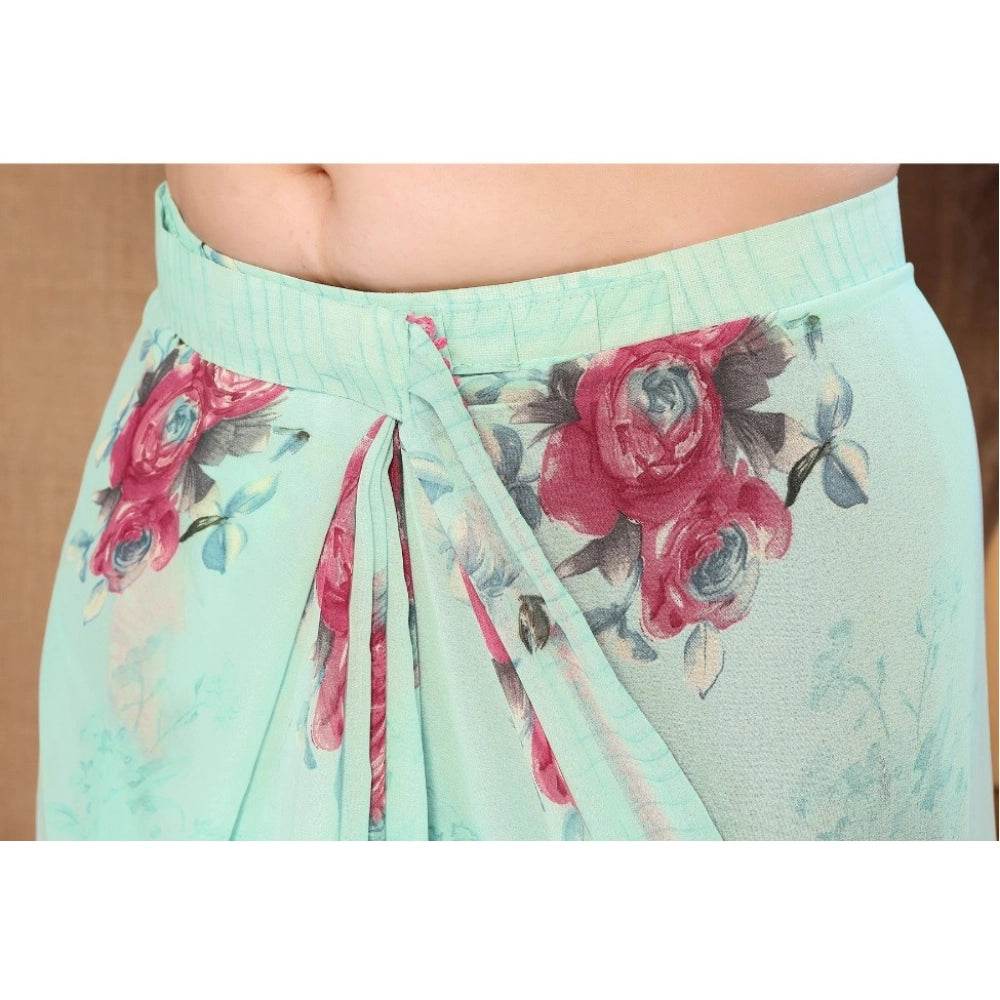 Generic Women's Small Lace Georgette Printed Ready-to-Wear Saree With Unstitched Blouse 5.5 Mtr (Turquoise) - MYLUXURY LANE ENTERPRISE