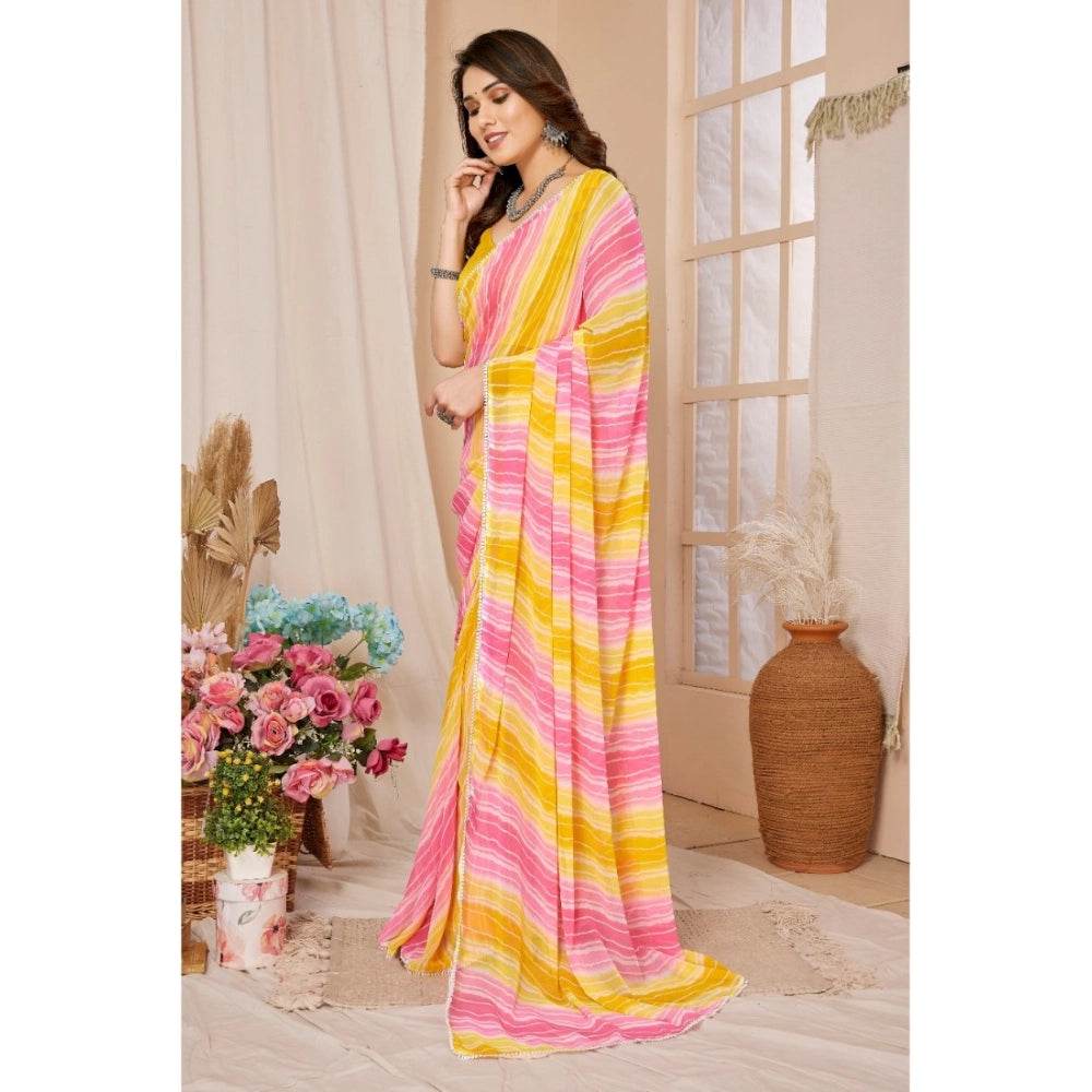 Generic Women's Small Lace Georgette Striped Ready-to-Wear Saree With Unstitched Blouse 5.5 Mtr (Yellow-Pink) - MYLUXURY LANE ENTERPRISE