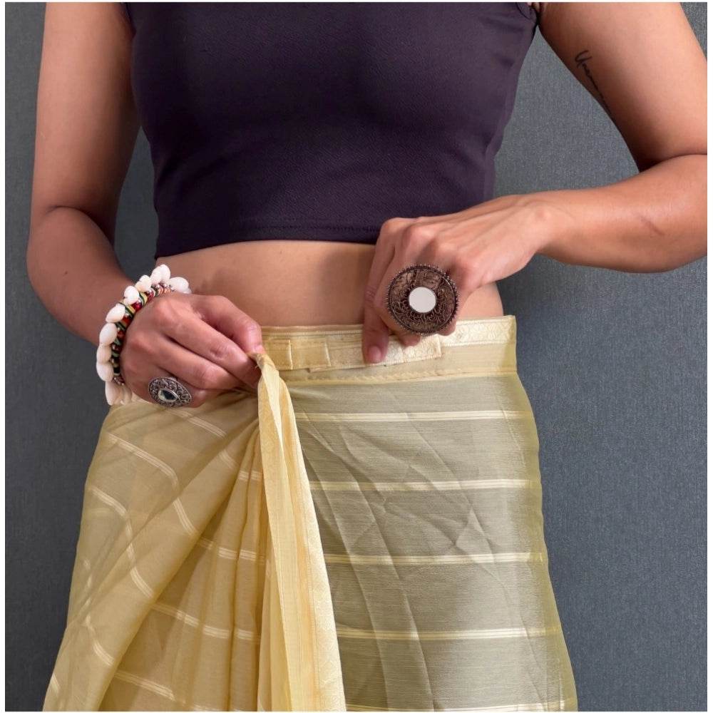 Generic Women's Chiffon Striped Ready to wear Saree With Unstitched Blouse 5.5 Mtr (Yellow) - MYLUXURY LANE ENTERPRISE