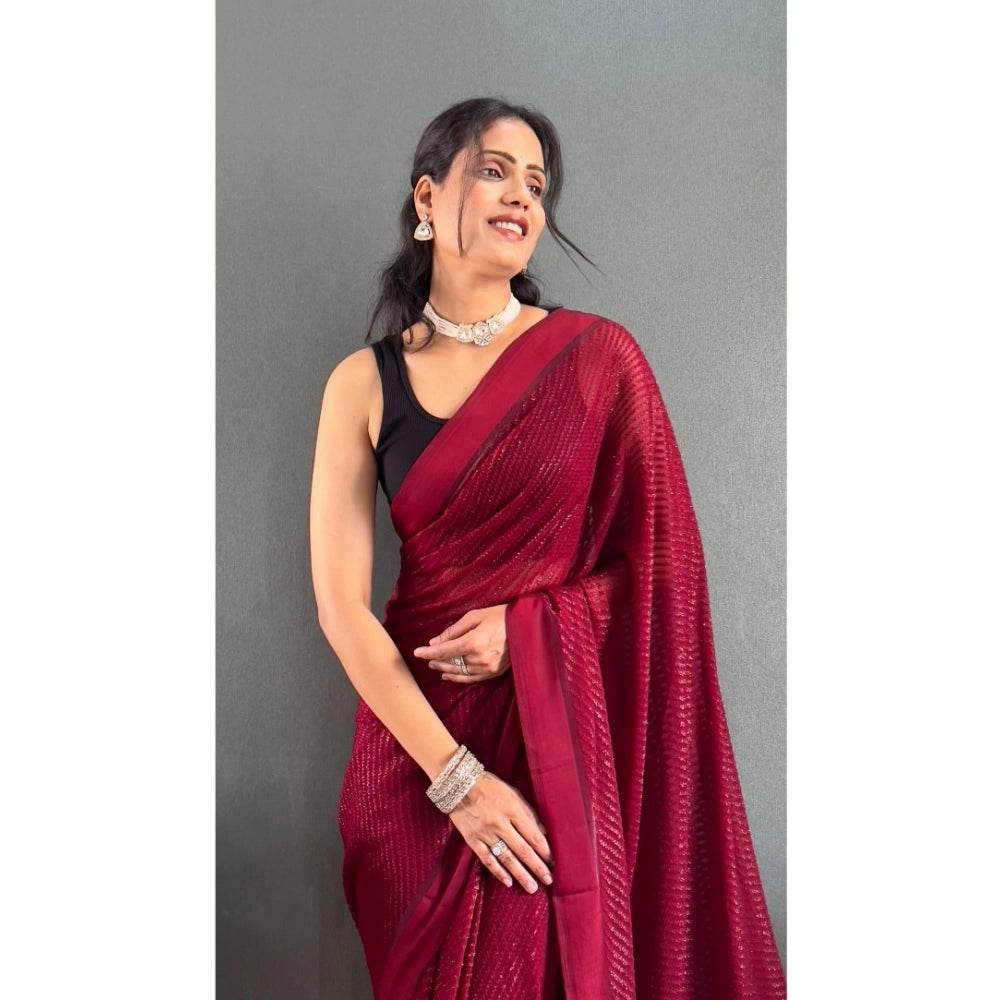 Generic Women's Chiffon Solid Ready to wear Saree With Unstitched Blouse 5.5 Mtr (Maroon) - MYLUXURY LANE ENTERPRISE