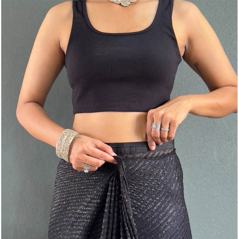 Generic Women's Chiffon Solid Ready to wear Saree With Unstitched Blouse 5.5 Mtr (Black ) - MYLUXURY LANE ENTERPRISE