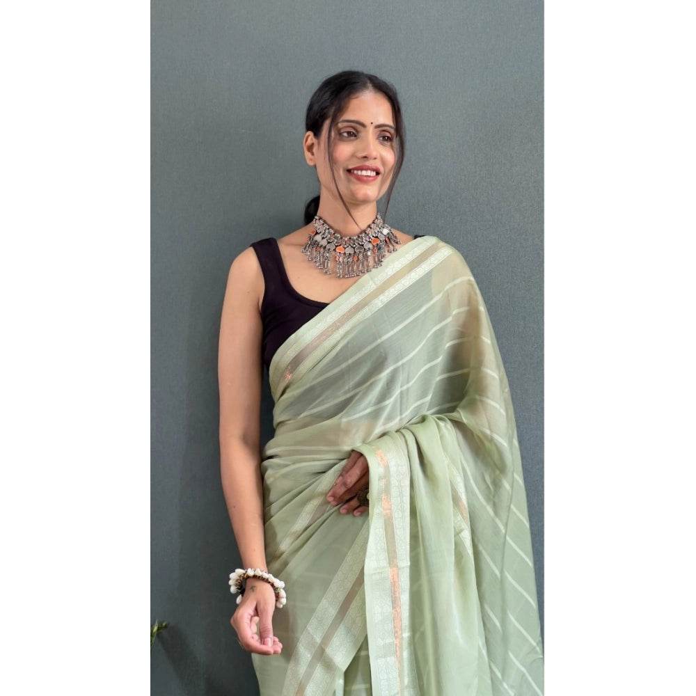 Generic Women's Chiffon Striped Ready to wear Saree With Unstitched Blouse 5.5 Mtr (Pista ) - MYLUXURY LANE ENTERPRISE