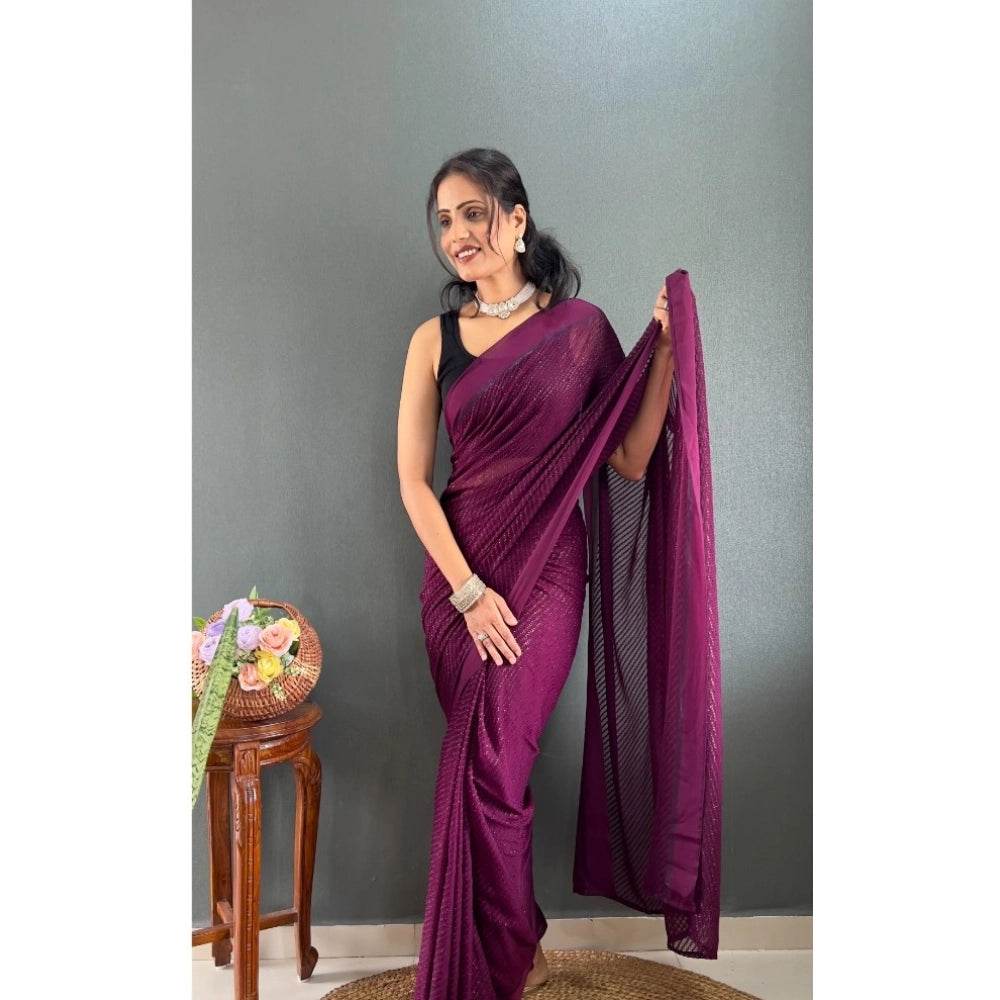 Generic Women's Chiffon Solid Ready to wear Saree With Unstitched Blouse 5.5 Mtr (Wine ) - MYLUXURY LANE ENTERPRISE