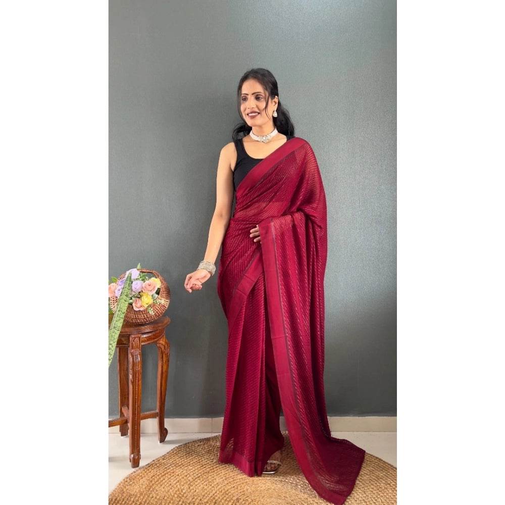Generic Women's Chiffon Solid Ready to wear Saree With Unstitched Blouse 5.5 Mtr (Maroon) - MYLUXURY LANE ENTERPRISE