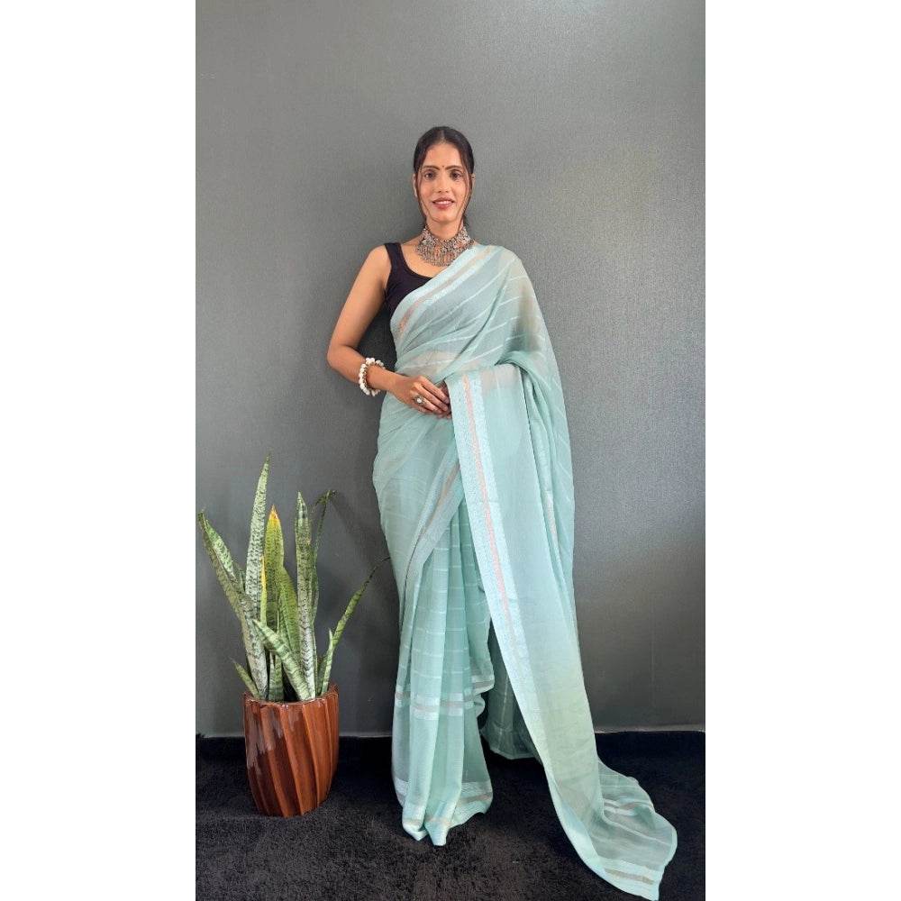 Generic Women's Chiffon Striped Ready to wear Saree With Unstitched Blouse 5.5 Mtr (Sky) - MYLUXURY LANE ENTERPRISE