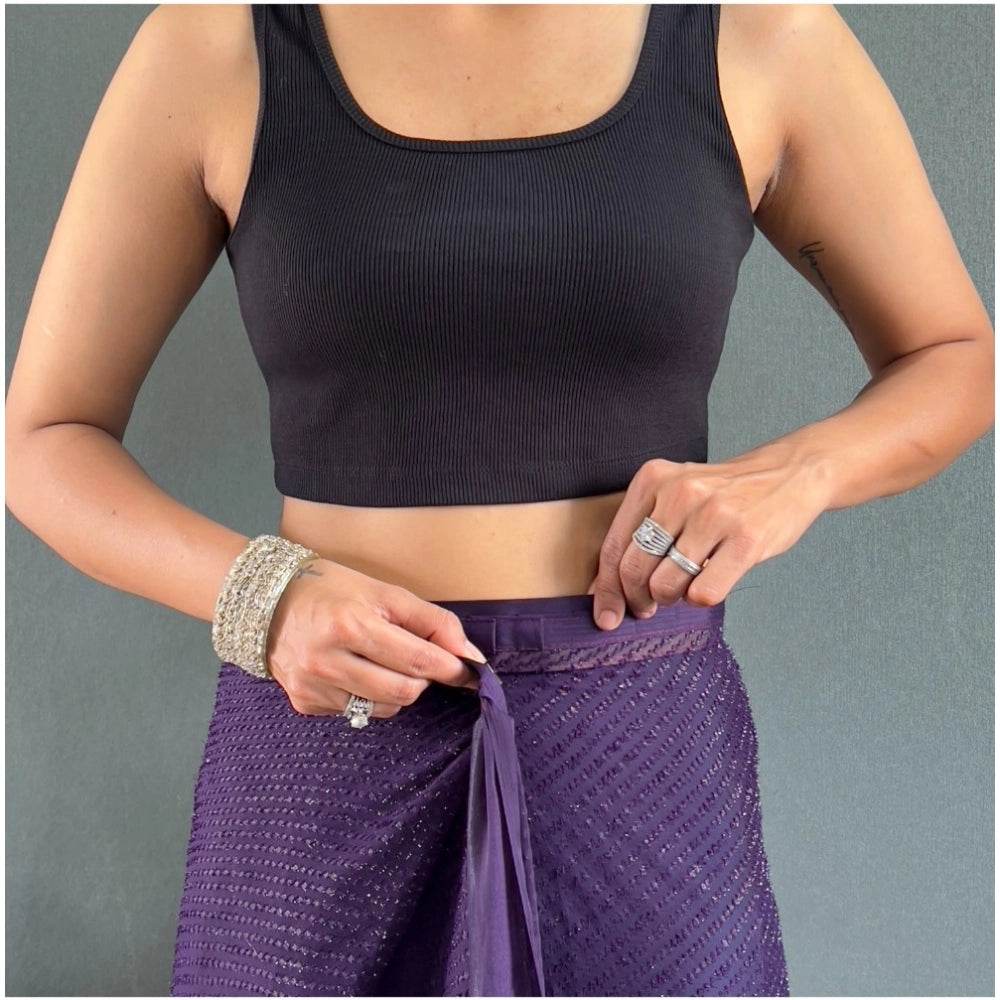 Generic Women's Chiffon Solid Ready to wear Saree With Unstitched Blouse 5.5 Mtr (Purple) - MYLUXURY LANE ENTERPRISE