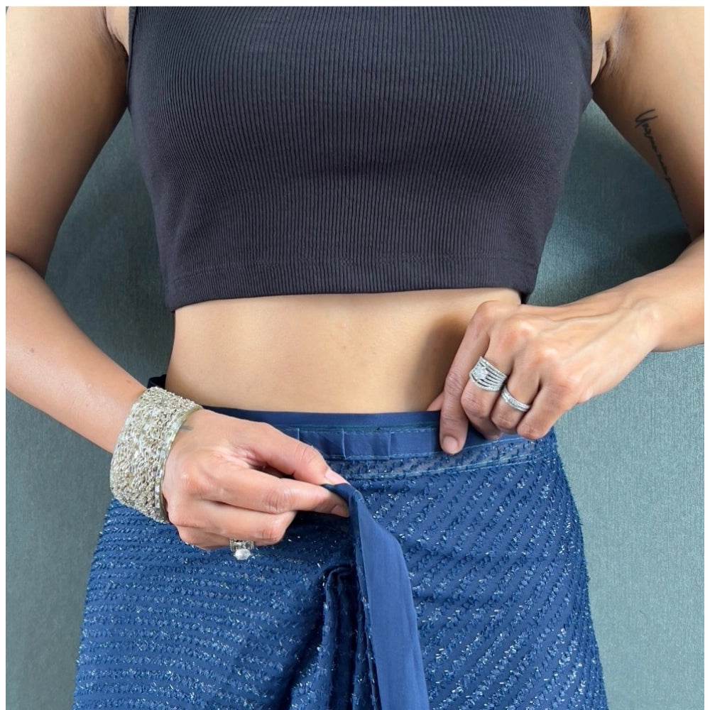 Generic Women's Chiffon Solid Ready to wear Saree With Unstitched Blouse 5.5 Mtr (Blue ) - MYLUXURY LANE ENTERPRISE