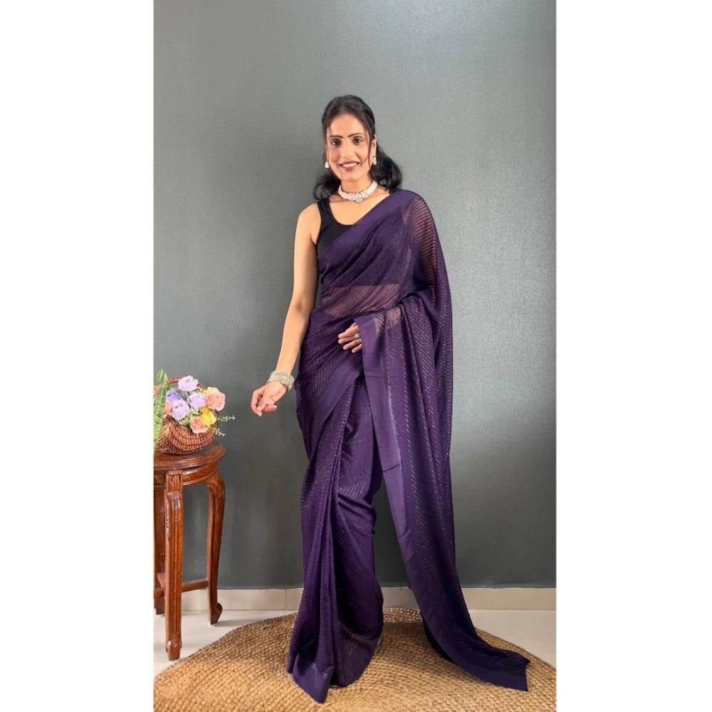 Generic Women's Chiffon Solid Ready to wear Saree With Unstitched Blouse 5.5 Mtr (Purple) - MYLUXURY LANE ENTERPRISE