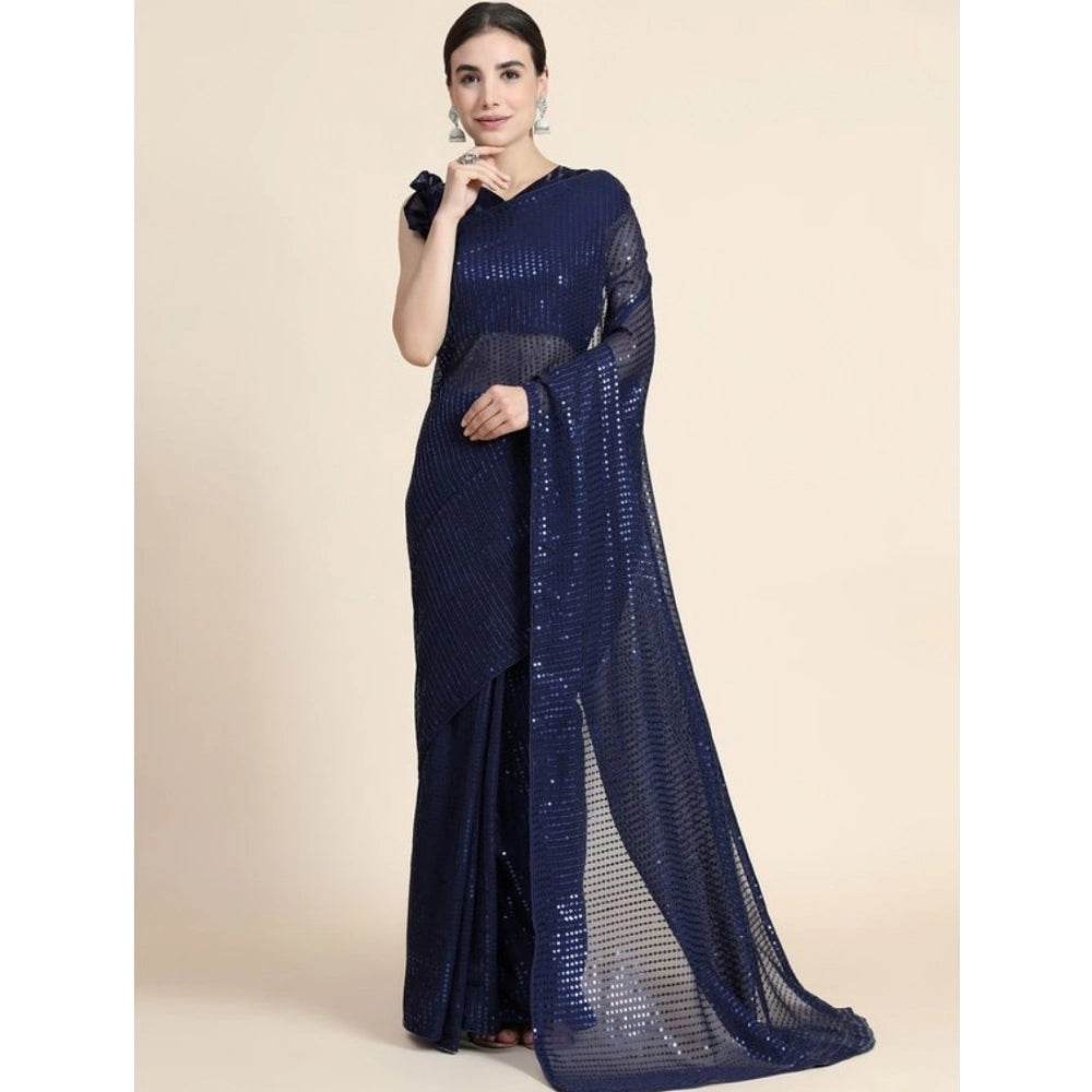 Generic Women's Georgette Embellished Sequnece Bollywood Saree With Unstitched Blouse 5.5Mtr (Blue) - MYLUXURY LANE ENTERPRISE