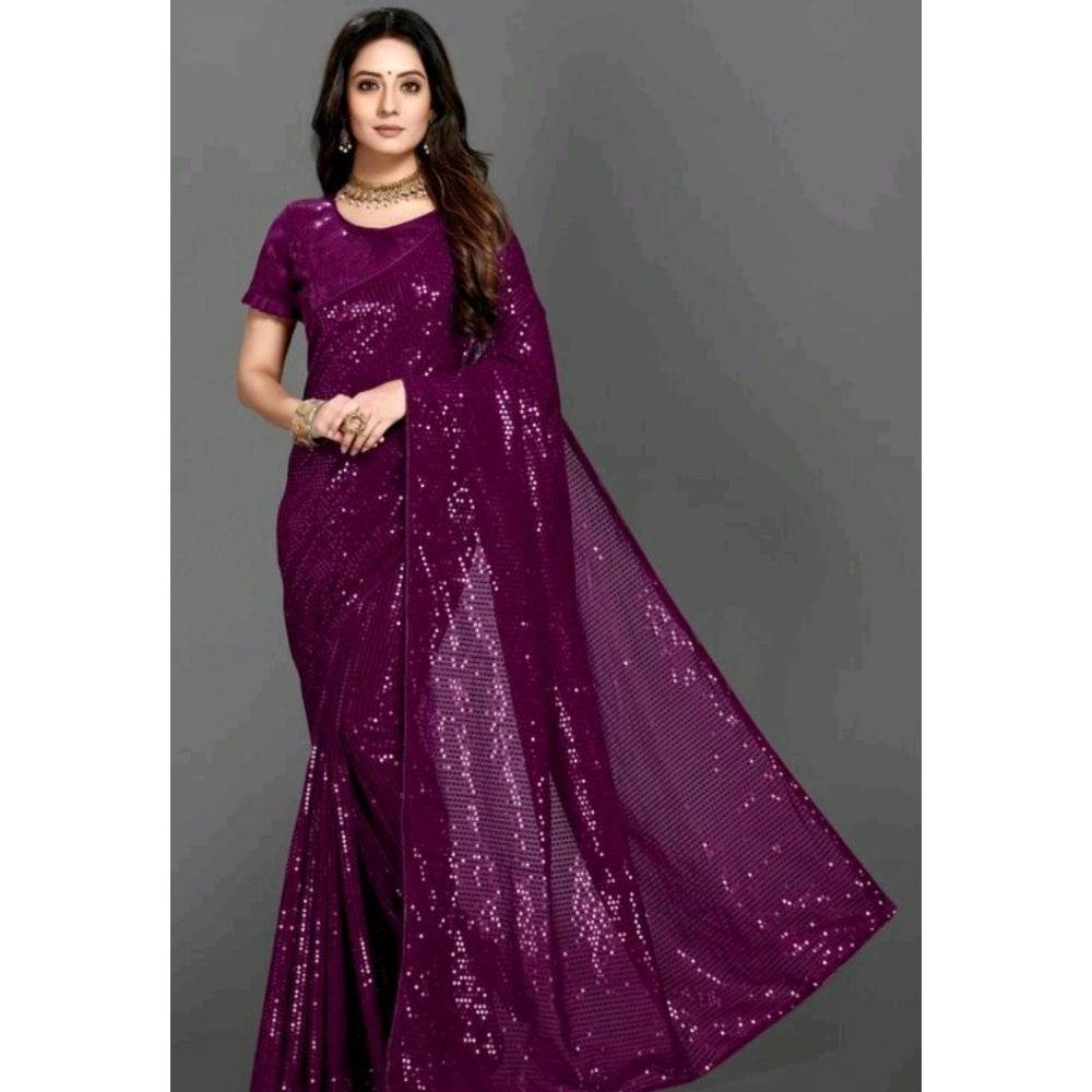Generic Women's Georgette Embellished Sequnece Bollywood Saree With Unstitched Blouse 5.5Mtr (Purple) - MYLUXURY LANE ENTERPRISE