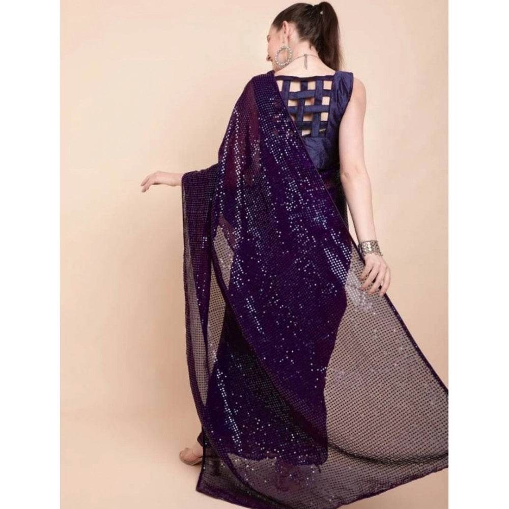 Generic Women's Georgette Embellished Sequnece Bollywood Saree With Unstitched Blouse 5.5Mtr (Purple) - MYLUXURY LANE ENTERPRISE