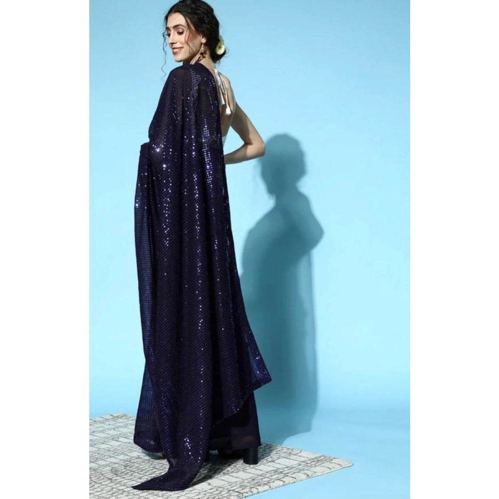Generic Women's Georgette Embellished Sequnece Bollywood Saree With Unstitched Blouse 5.5Mtr (Blue) - MYLUXURY LANE ENTERPRISE