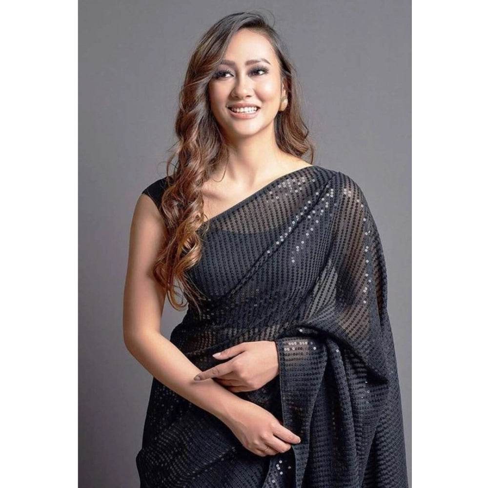 Generic Women's Georgette Embellished Sequnece Bollywood Saree With Unstitched Blouse 5.5Mtr (Black) - MYLUXURY LANE ENTERPRISE