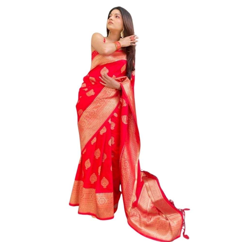 Generic Women's Silk Printed Saree With Unstitched Blouse 5.5Mtr (Red) - MYLUXURY LANE ENTERPRISE
