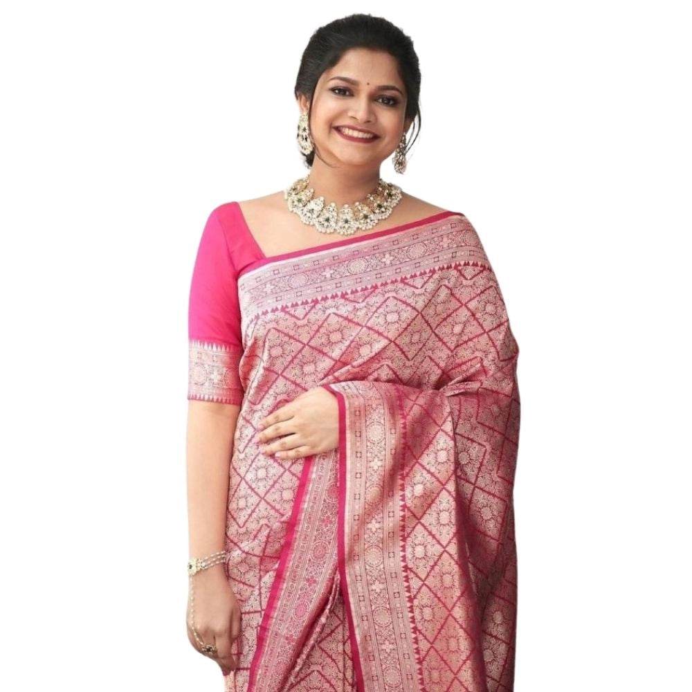 Generic Women's Silk Printed Saree With Unstitched Blouse 5.5Mtr (Pink) - MYLUXURY LANE ENTERPRISE
