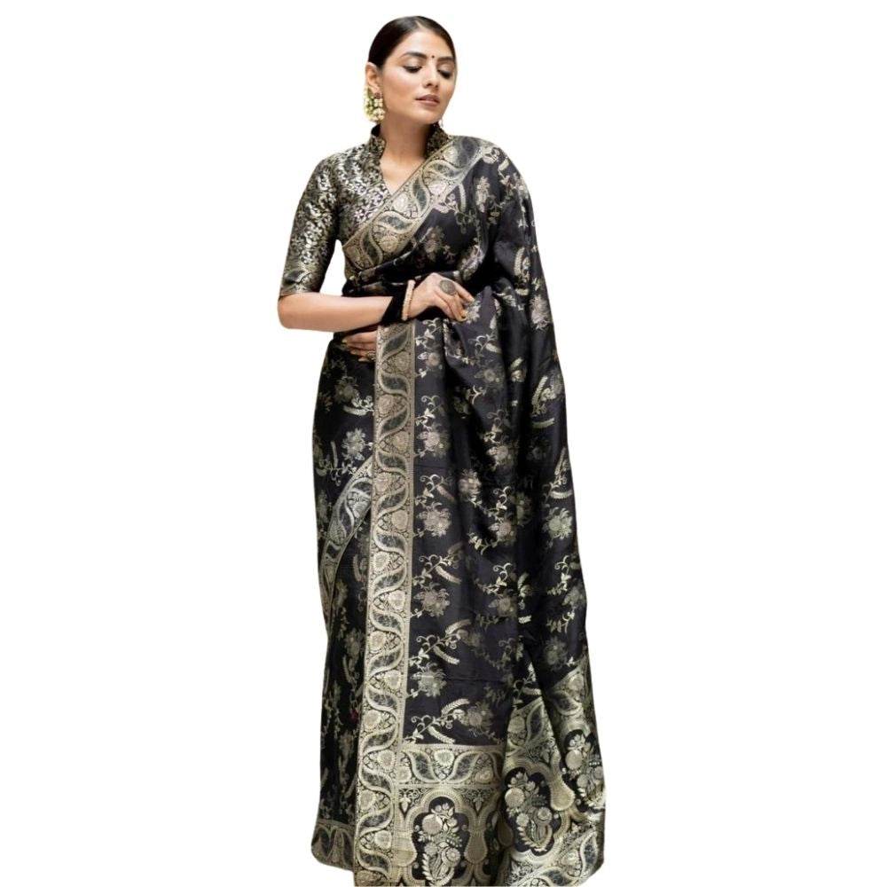 Generic Women's Silk Printed Saree With Unstitched Blouse 5.5Mtr (Black) - MYLUXURY LANE ENTERPRISE