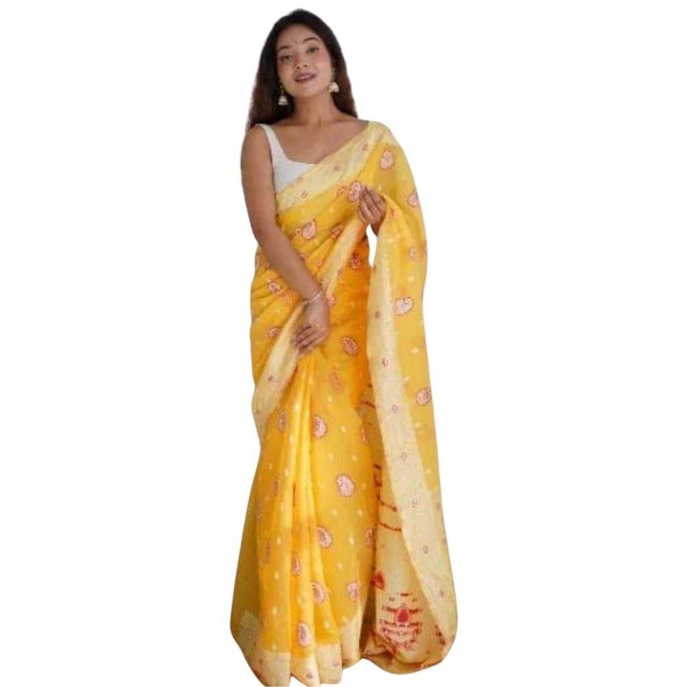 Generic Women's Cotton Printed Saree With Unstitched Blouse 5.5Mtr (Yellow) - MYLUXURY LANE ENTERPRISE