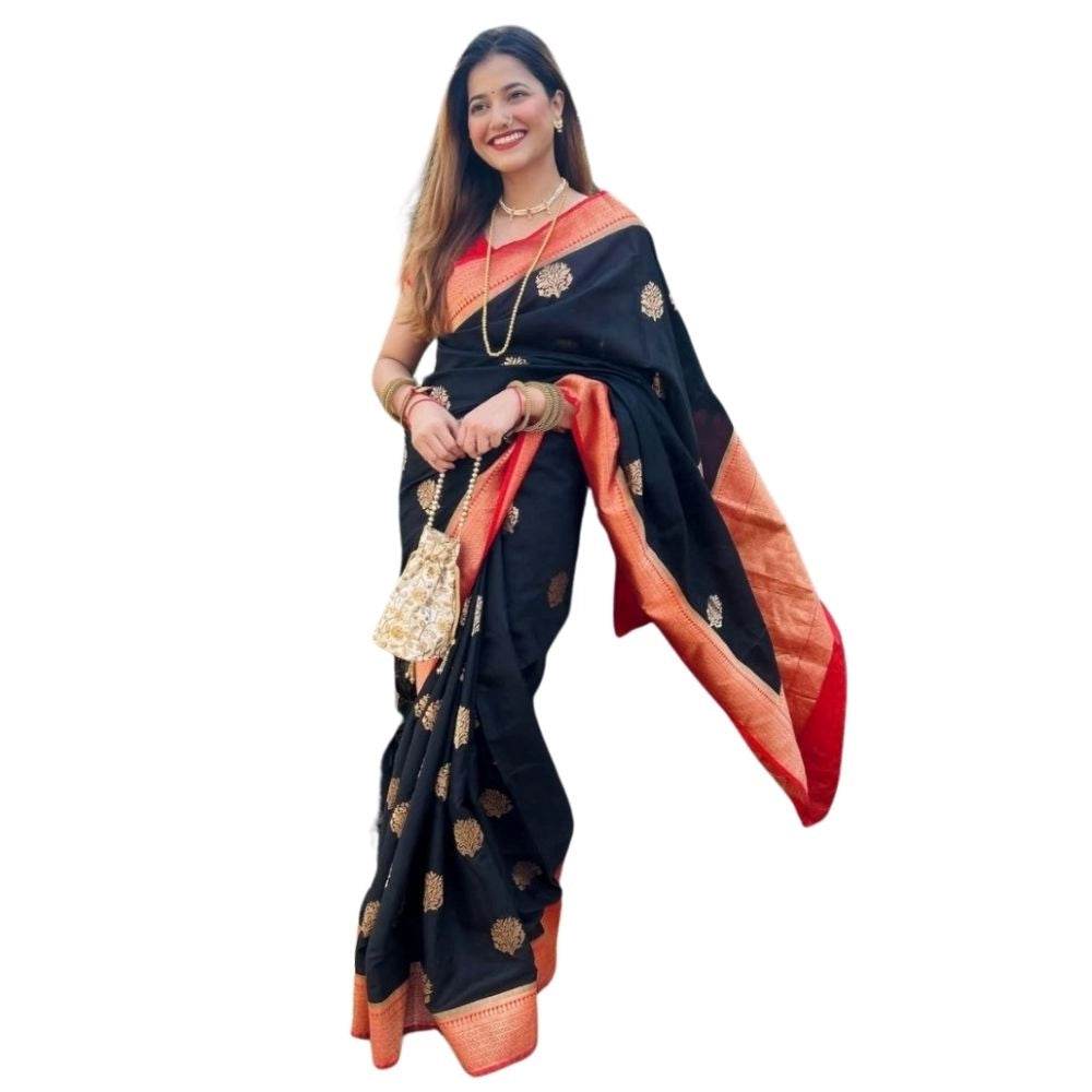 Generic Women's Silk Printed Saree With Unstitched Blouse 5.5Mtr (Black-Red) - MYLUXURY LANE ENTERPRISE