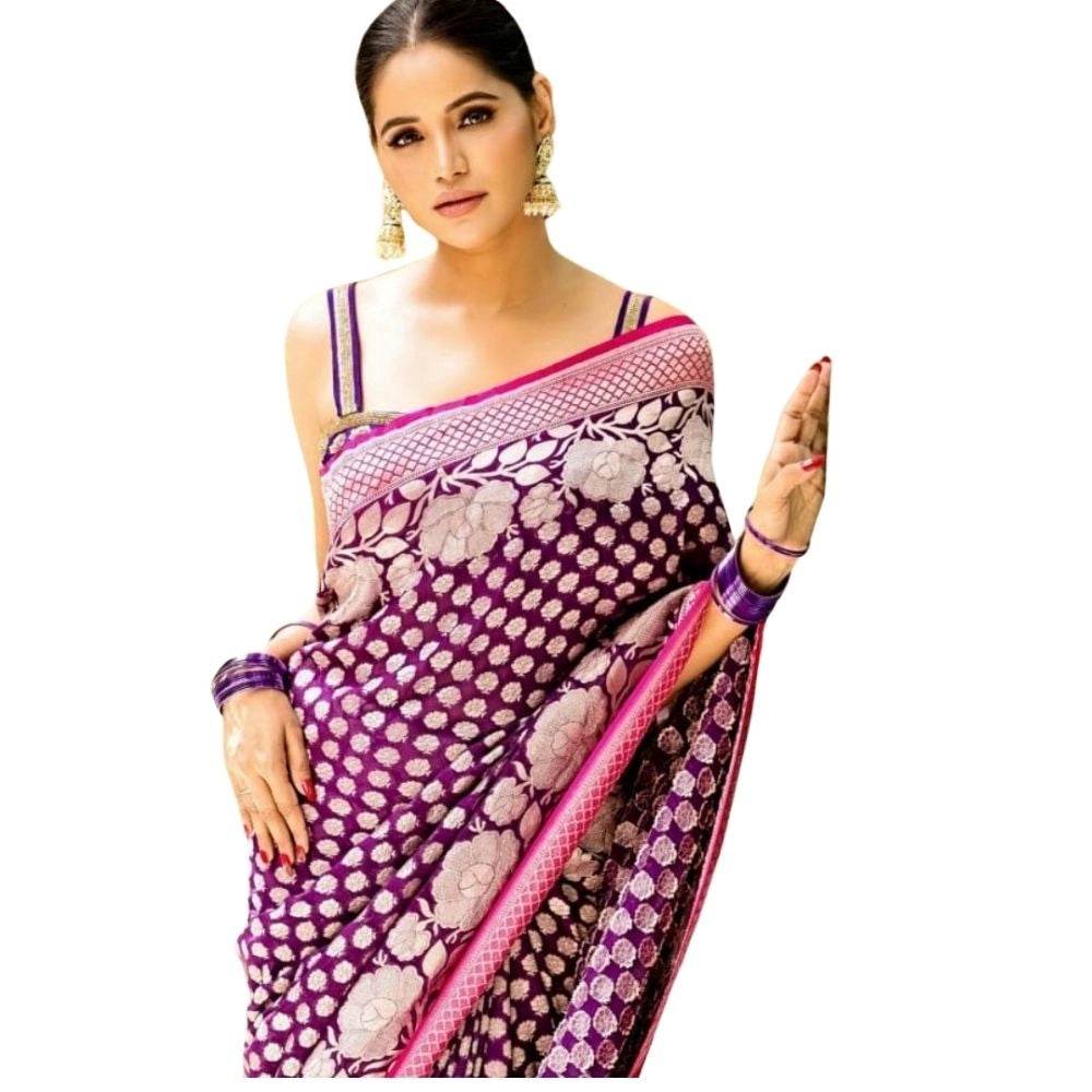 Generic Women's Silk Printed Saree With Unstitched Blouse 5.5Mtr (Purple) - MYLUXURY LANE ENTERPRISE