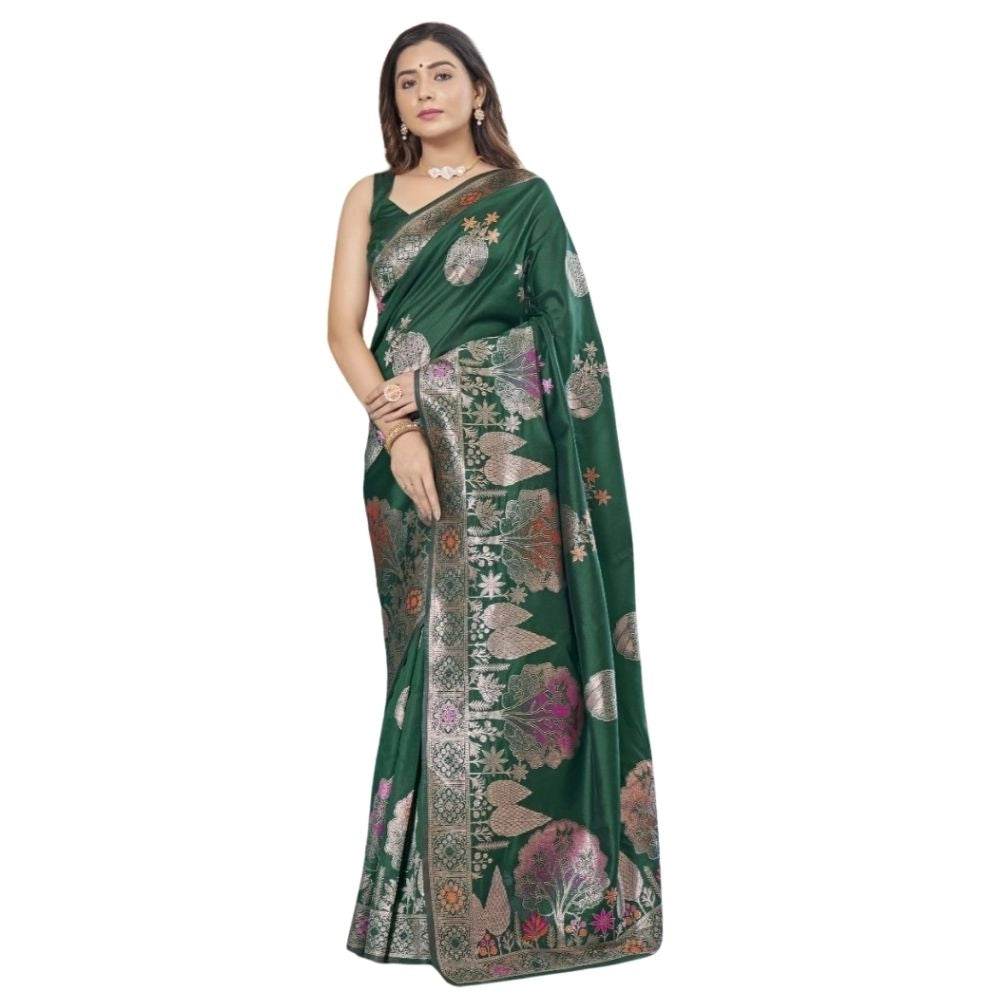 Generic Women's Silk Printed Saree With Unstitched Blouse 5.5Mtr (Green) - MYLUXURY LANE ENTERPRISE