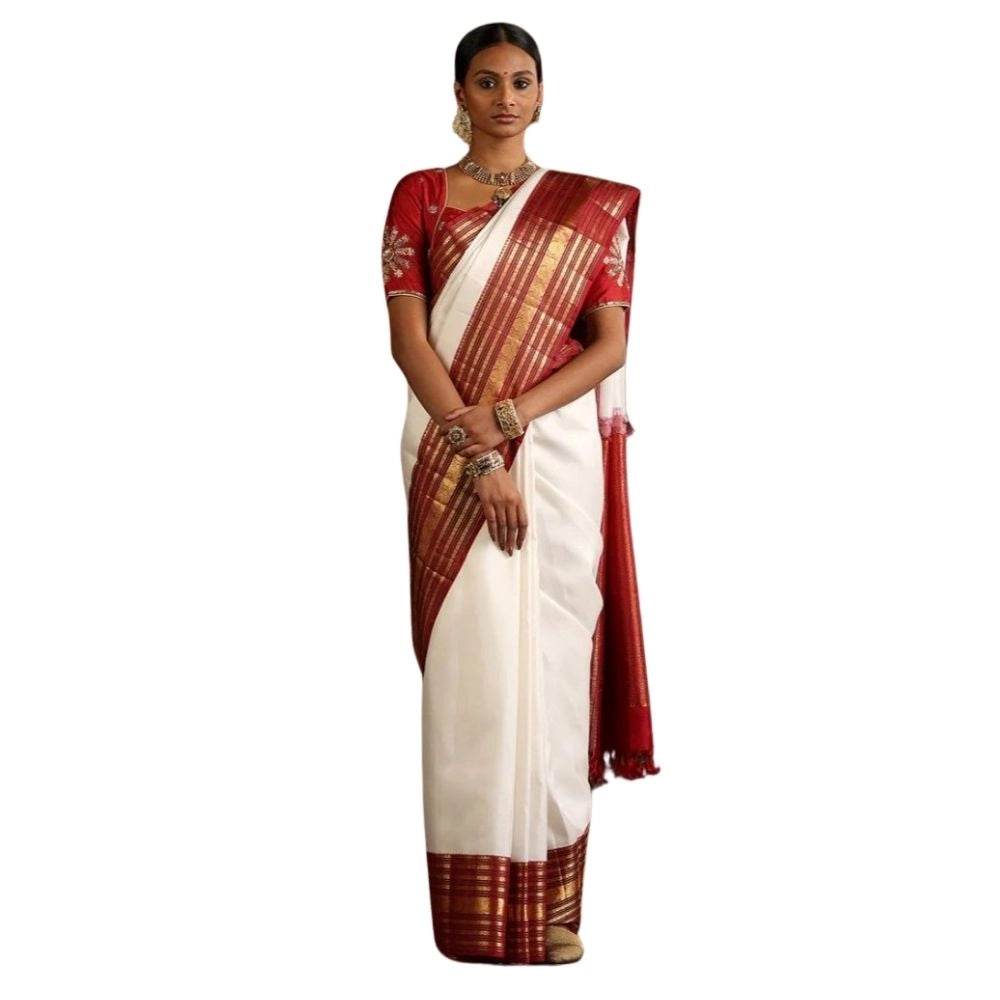 Generic Women's Silk Printed Saree With Unstitched Blouse 5.5Mtr (White-Maroon) - MYLUXURY LANE ENTERPRISE