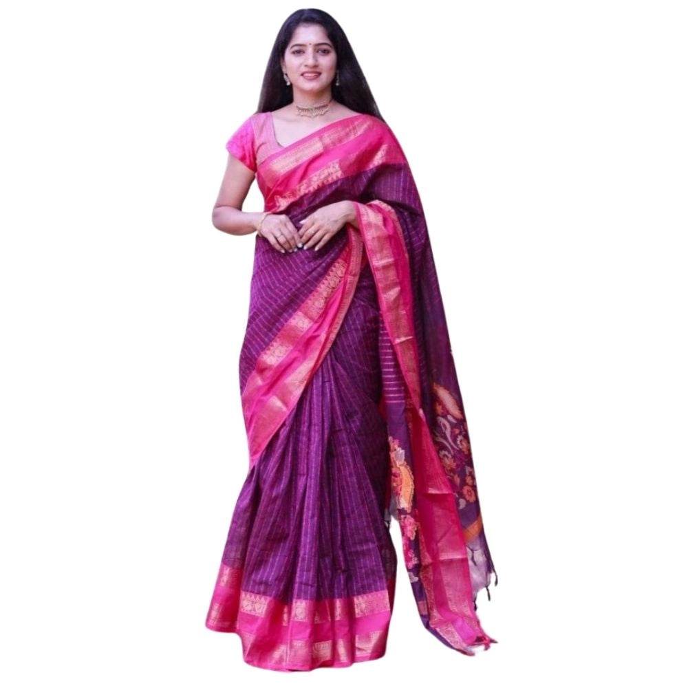Generic Women's Silk Printed Saree With Unstitched Blouse 5.5Mtr (Purple) - MYLUXURY LANE ENTERPRISE