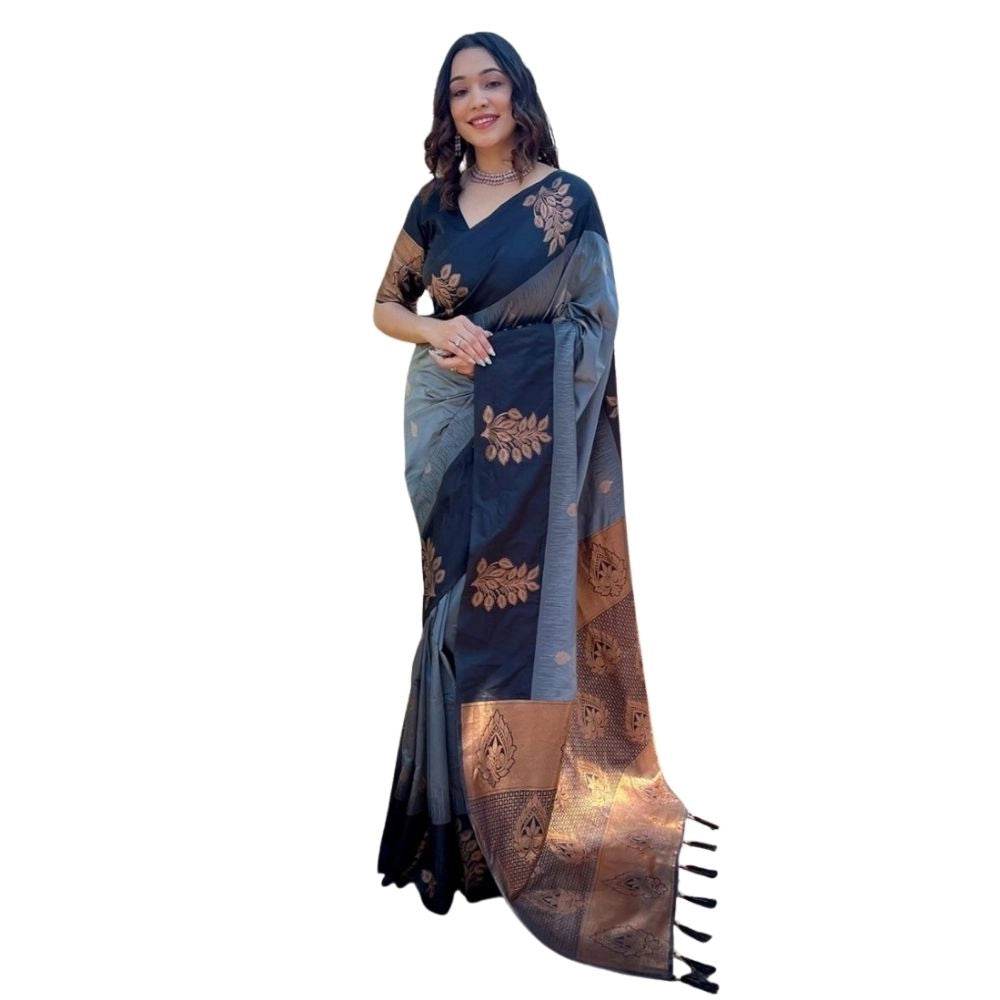 Generic Women's Silk Printed Saree With Unstitched Blouse 5.5Mtr (Grey) - MYLUXURY LANE ENTERPRISE